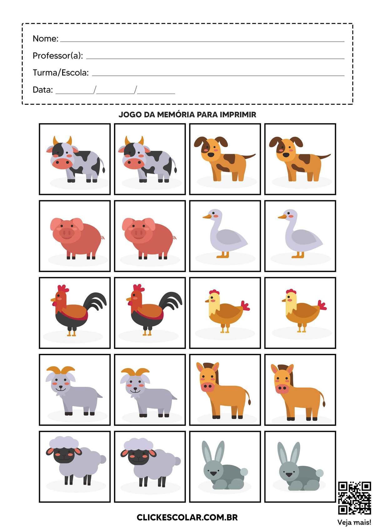 Jogo da Memória para Imprimir - Animais da Fazenda - Atividades Educativas